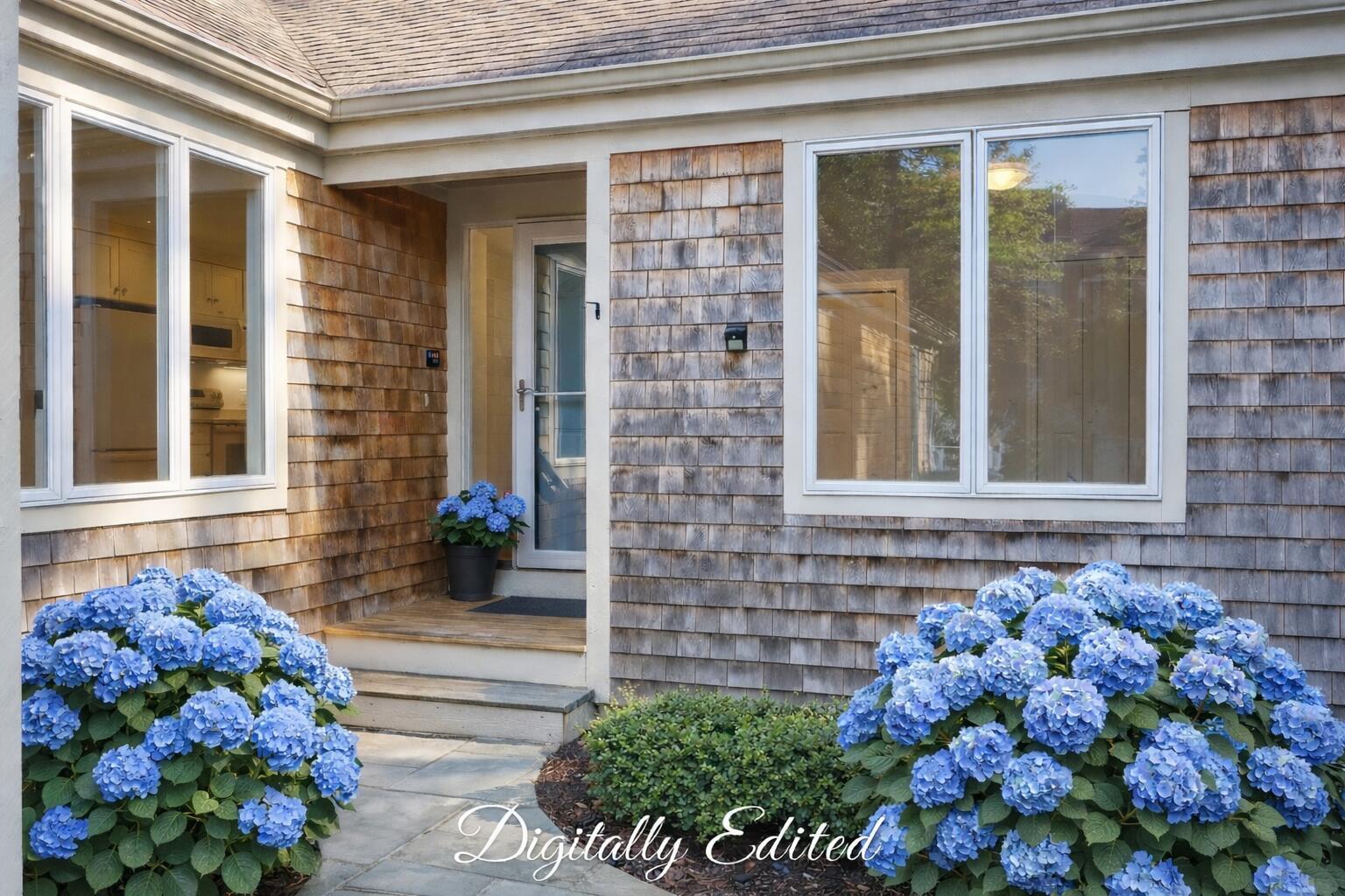 Image 1: Cape Cod entrance with blue hydrangeas