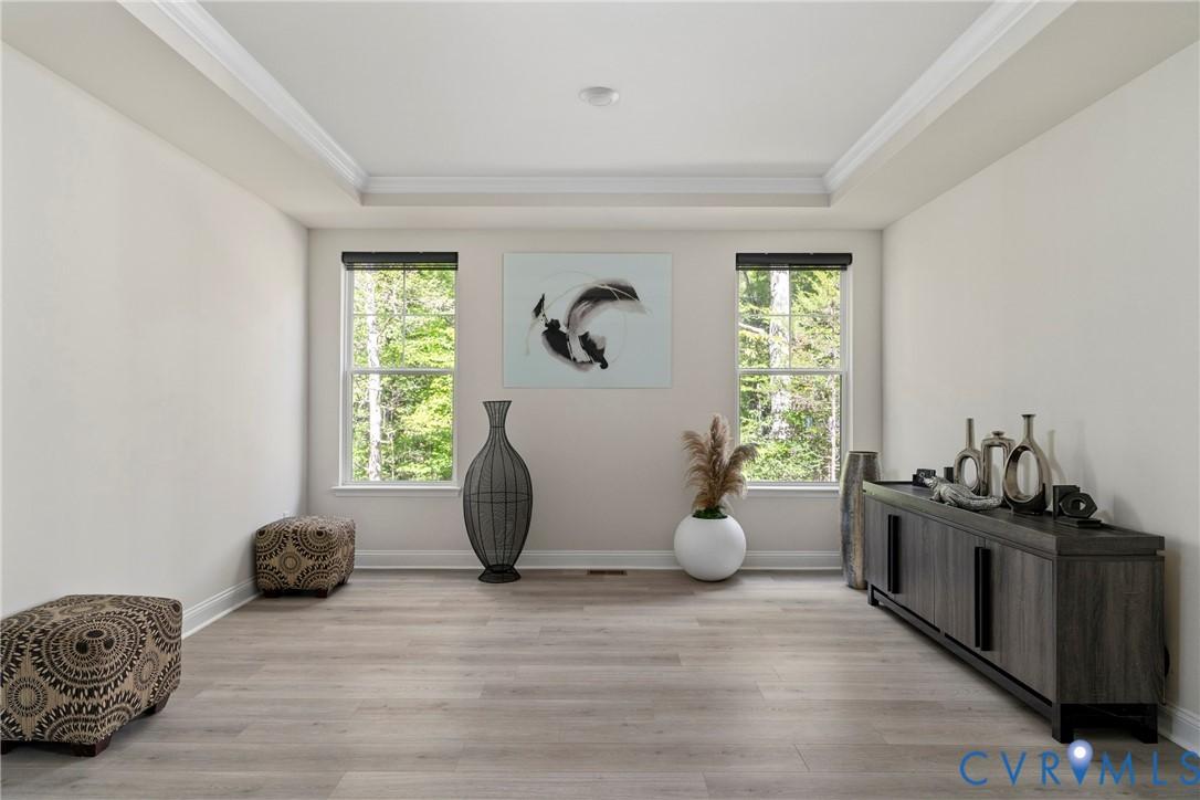 Image 3: Living area featuring a tray ceiling, healthy amou