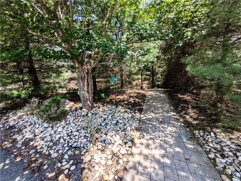 Image 3: A winding paver pathway leads through lush trees a