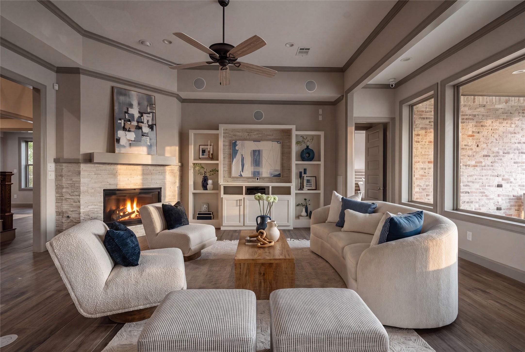 Image 1: Cozy living area with fireplace.