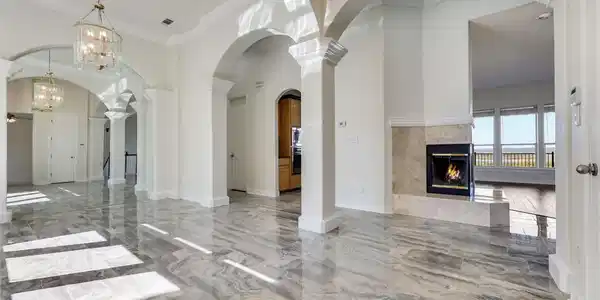 Image 3: Unique wrap around fire place is the perfect backg