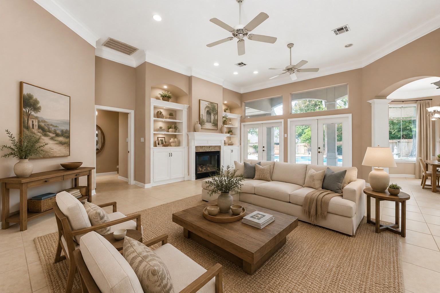 Image 2: Open & inviting living room showcases soaring ceil