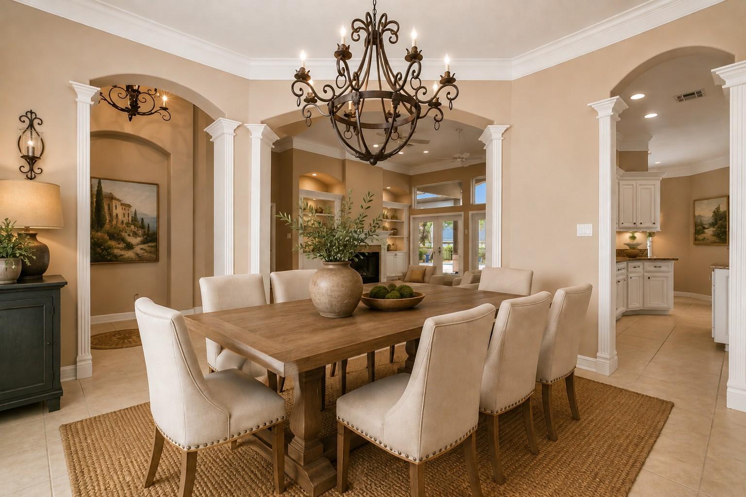 Image 3: Elegant dining room features graceful arches and b
