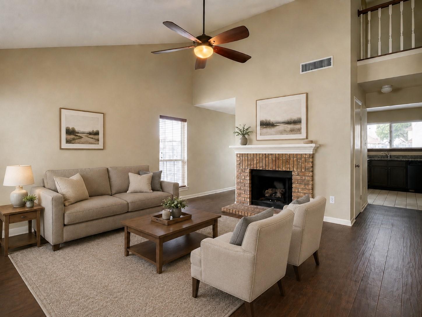 Image 4: Family room featuring a brick fireplace, high ceil