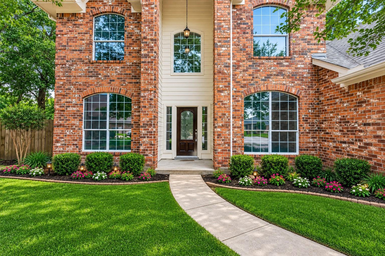 Image 4: A stately two-story brick home featuring an arched