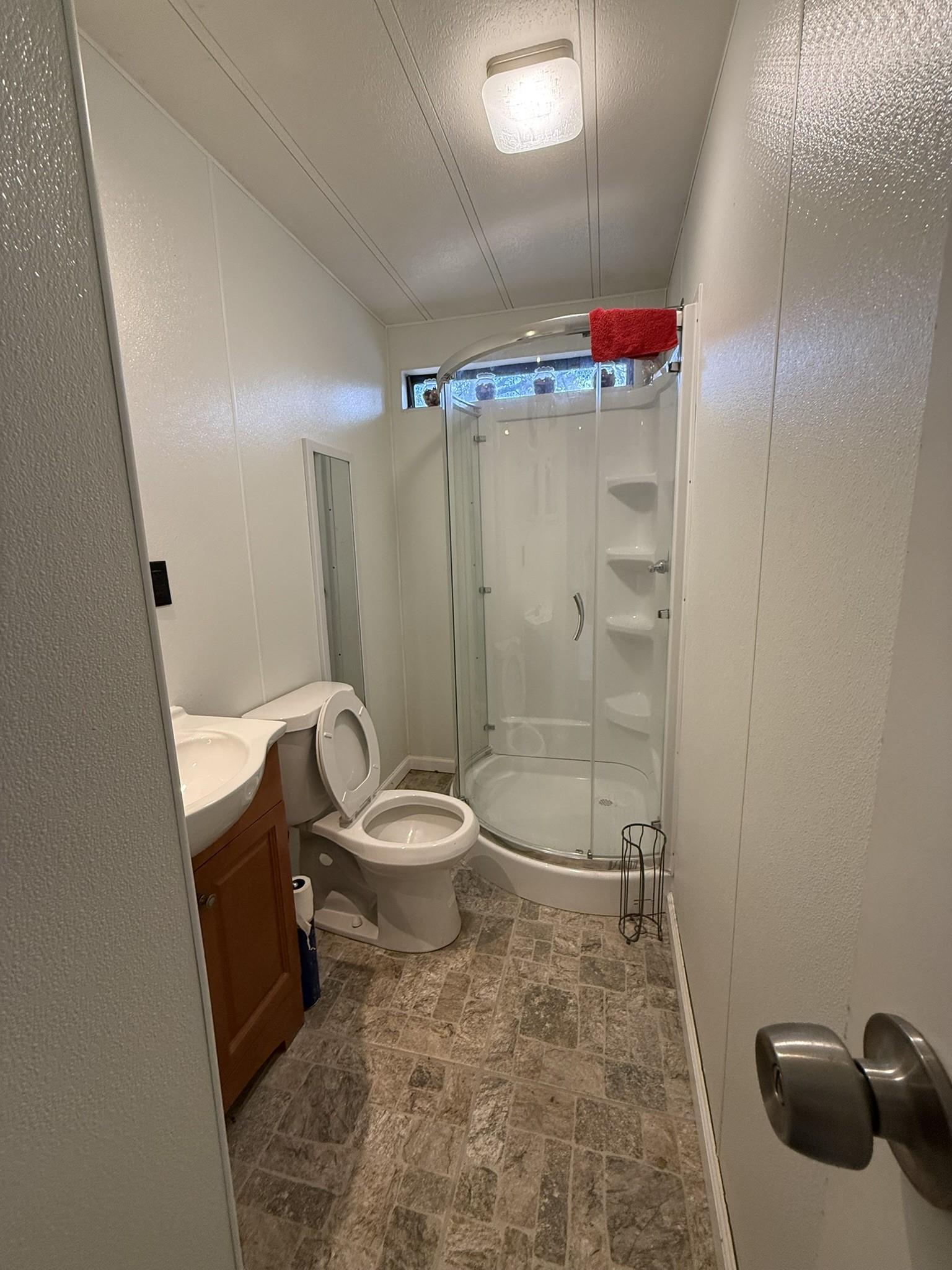 Image 3: this bathroom features a bright walk in shower
