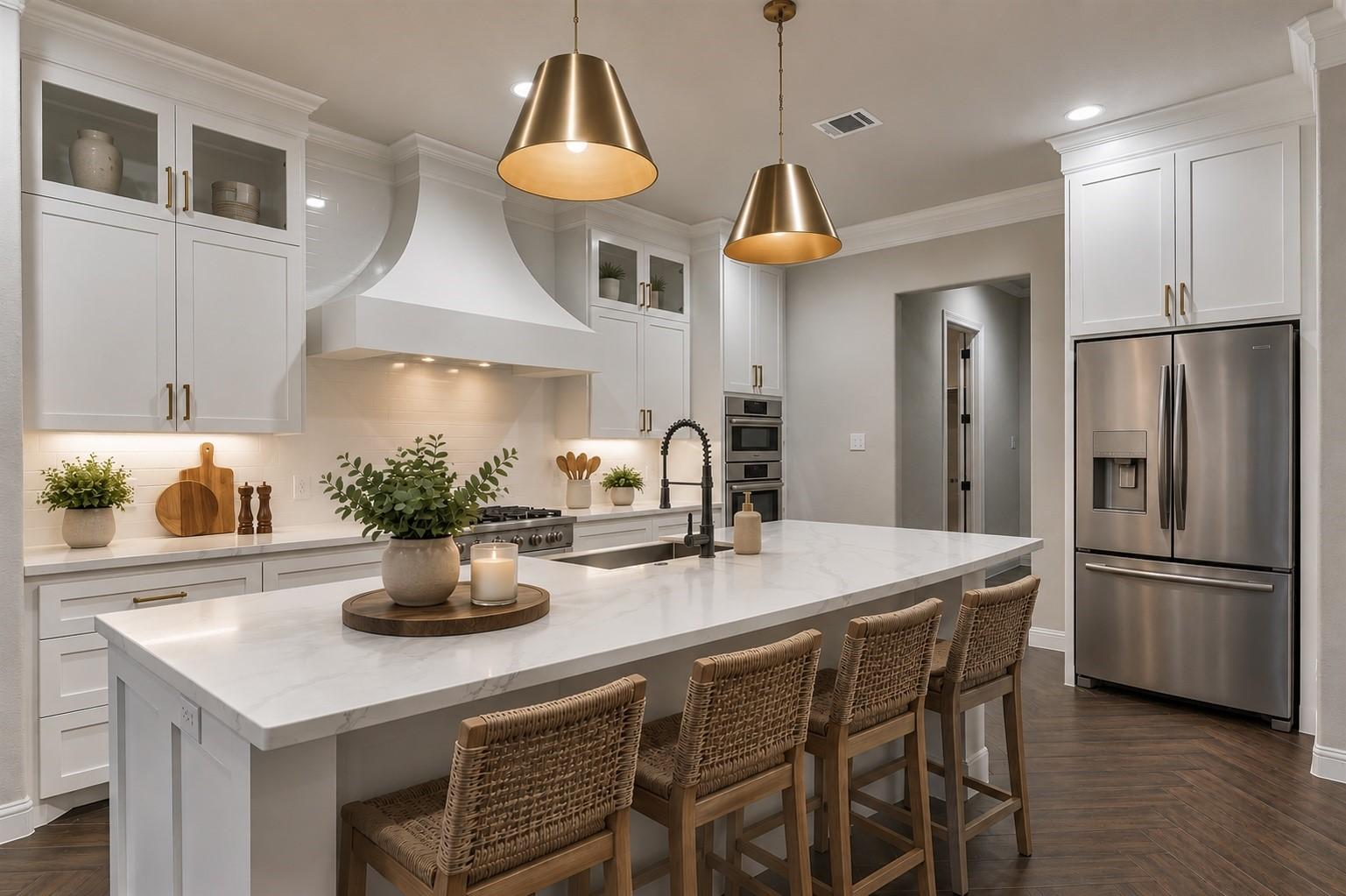 Image 1: The kitchen offers solid & glass front cabinets an