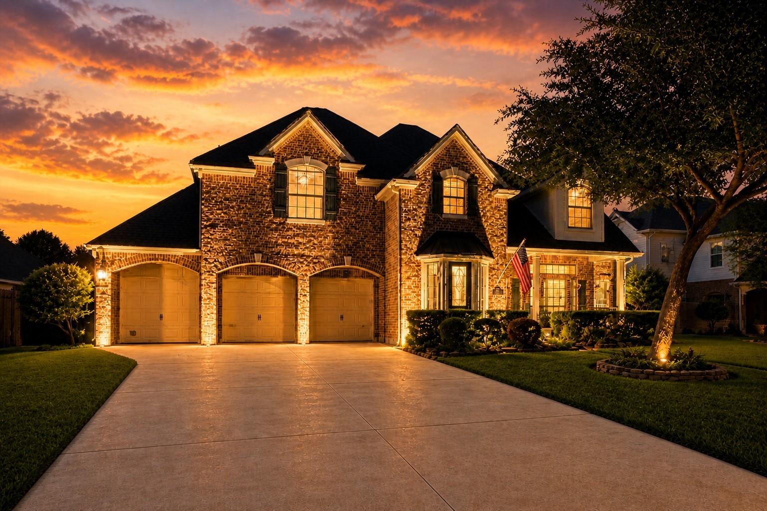 Image 3: Elegant exterior lighting showcases the home&rsquo;s arc