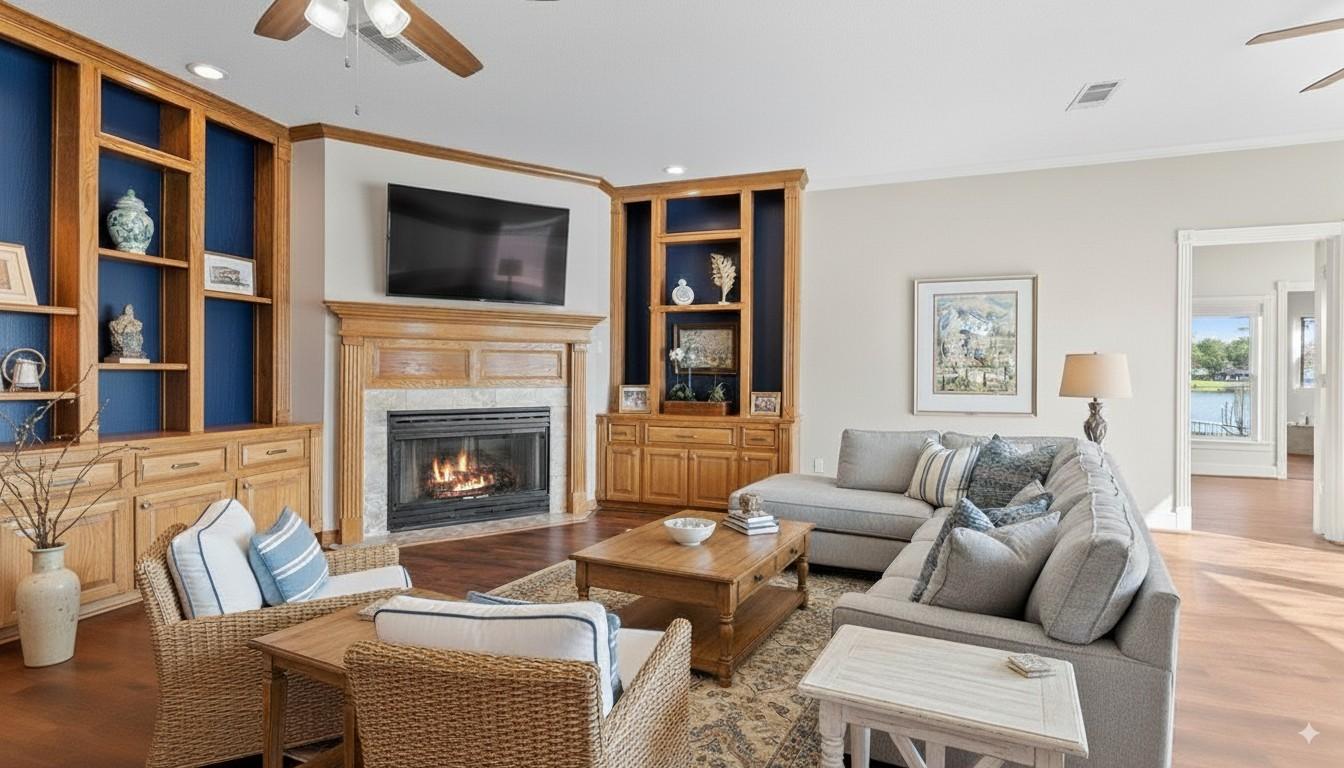 Image 4: The living room features a gas fireplace and built