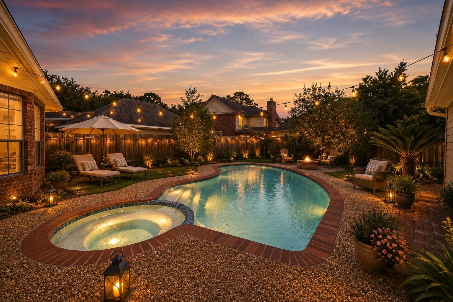 Image 1: This backyard oasis features a beautifully lit poo