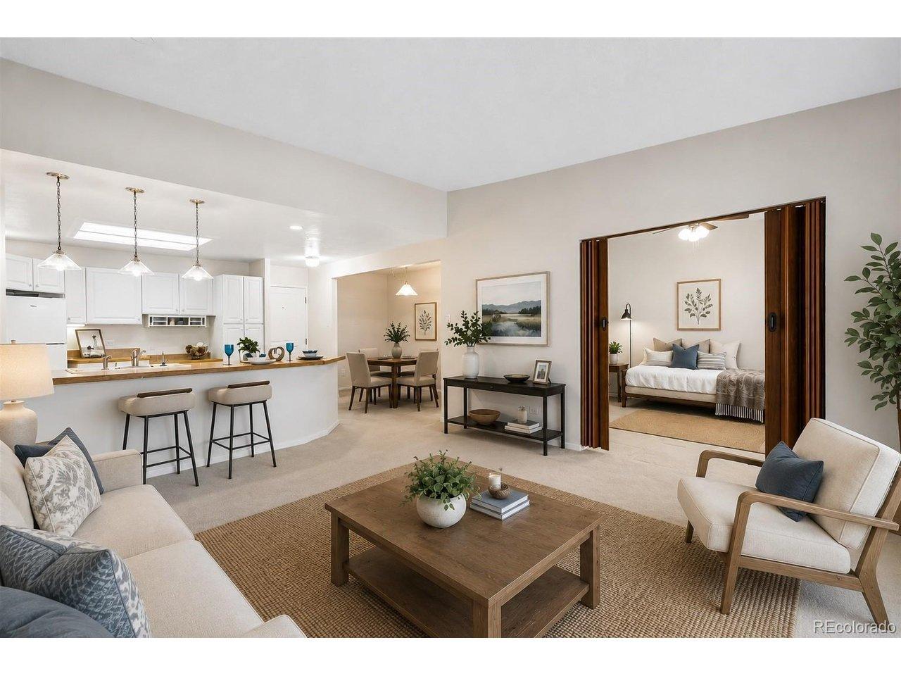 Image 1: 650 S Clinton Street Unit #5D - Living Room/Kitchen - Virtually Staged to exhibit floor plan