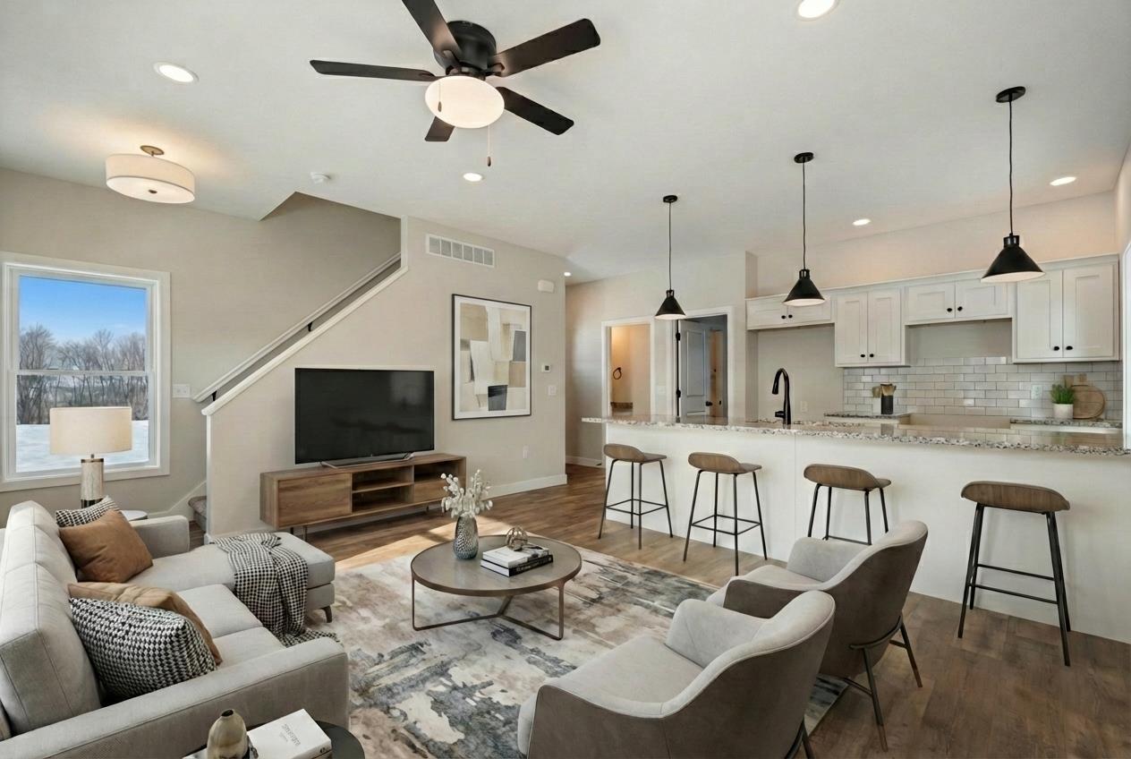 Image 3: Living area featuring dark wood-style flooring, a ceiling fan, and recessed lighting, Living Room and Kitchen Image 3: Living area featuring dark wood-style flooring, a ceiling fan, and recessed lighting, Living Room and Kitchen