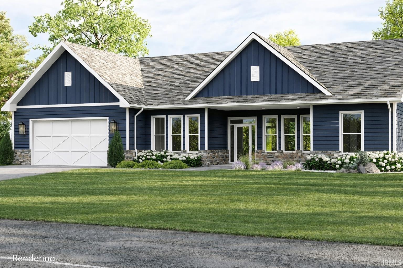 Image 0: View of front of home with stone siding, a front lawn, driveway, an attached garage, and covered porch, Front Of Structure