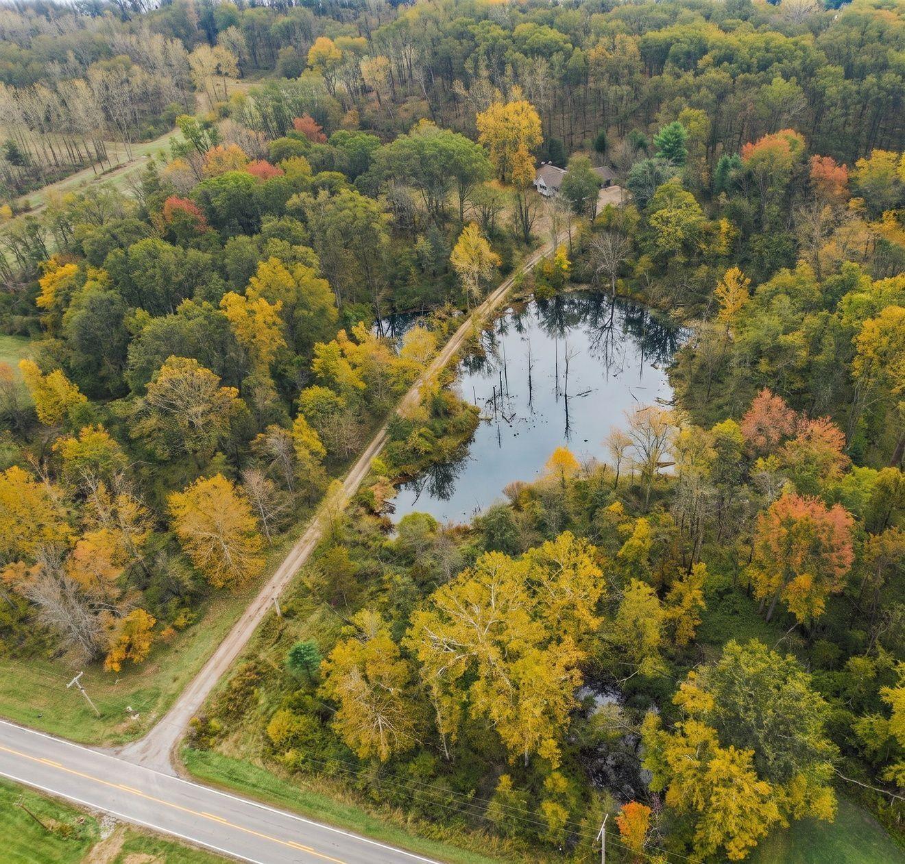 Image 3: Expansive natural landscape featuring a private pond, mature trees with seasonal foliage, a gravel access road, and a distant residential structure, Aerial View Image 3: Expansive natural landscape featuring a private pond, mature trees with seasonal foliage, a gravel access road, and a distant residential structure, Aerial View