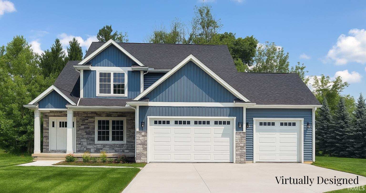 Image 0: Contemporary blue siding home with a gray stone facade accent, Front Of Structure