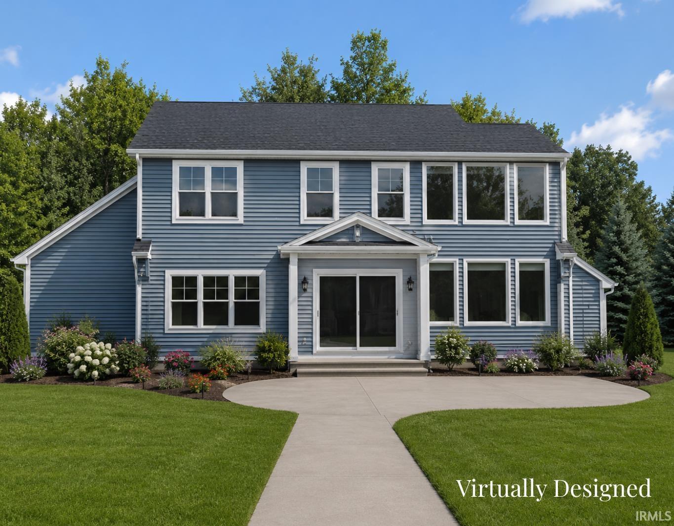 Image 1: Blue siding exterior with white trim, Back of structure