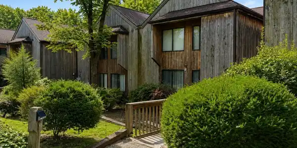 Image 1: Board and batten siding with natural wood accents, surrounded by mature trees and established landscaping, Front Of Structure Image 1: Board and batten siding with natural wood accents, surrounded by mature trees and established landscaping, Front Of Structure