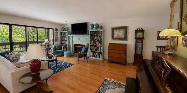 Image 2: Spacious living area featuring expansive glass sliding doors, wood-finish flooring, a fireplace with a light blue mantel, and built-in shelving, Living Room Image 2: Spacious living area featuring expansive glass sliding doors, wood-finish flooring, a fireplace with a light blue mantel, and built-in shelving, Living Room