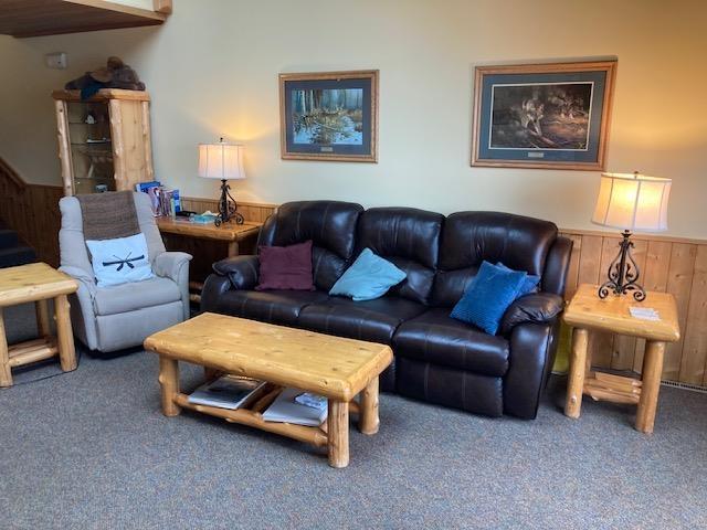 Image 2: Carpeted living room with wooden walls and wainscoting, Living Room