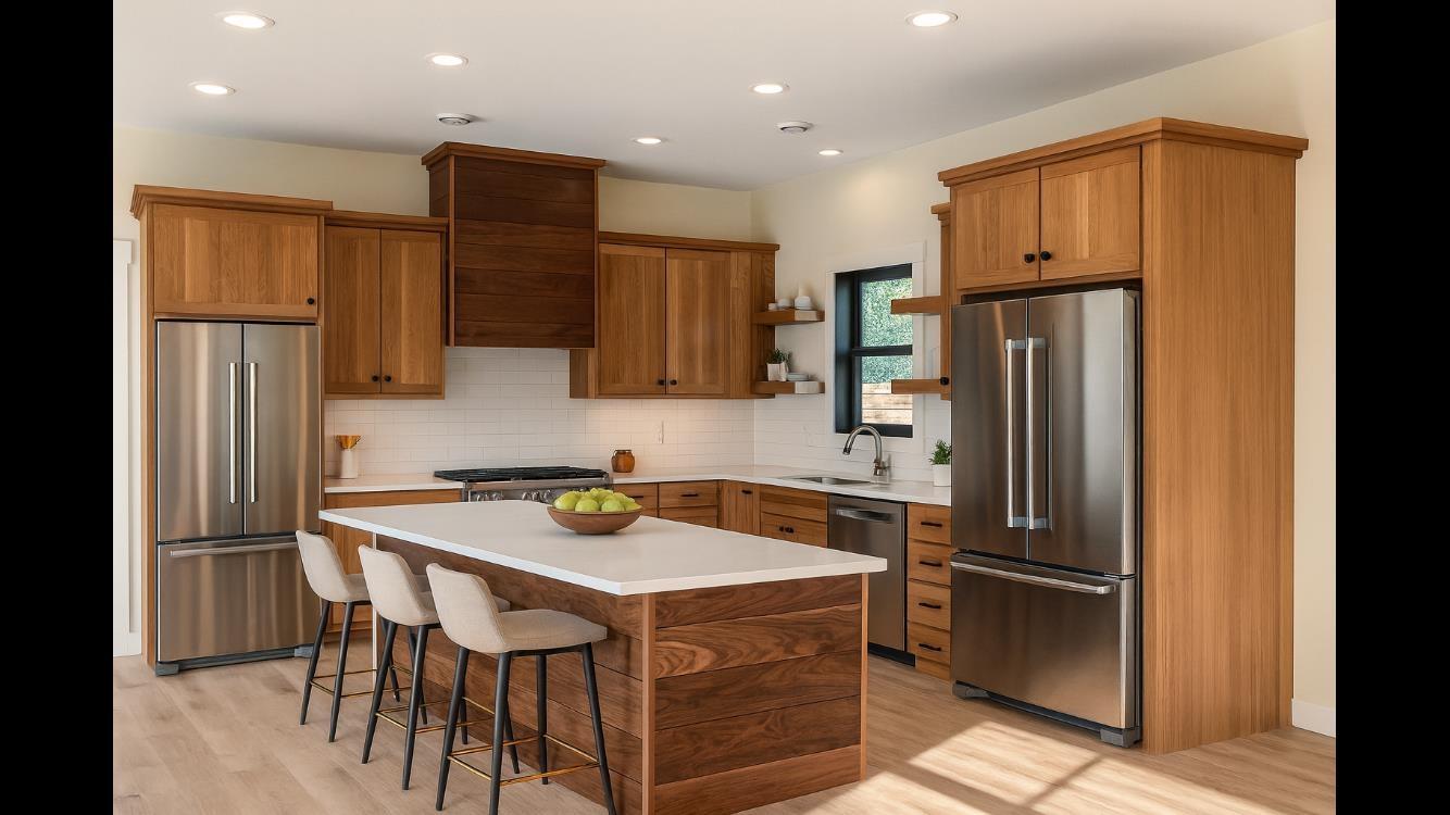 Image 1: Kitchen featuring appliances with stainless steel finishes, brown cabinets, a kitchen breakfast bar, a center island, and open shelves, Kitchen
