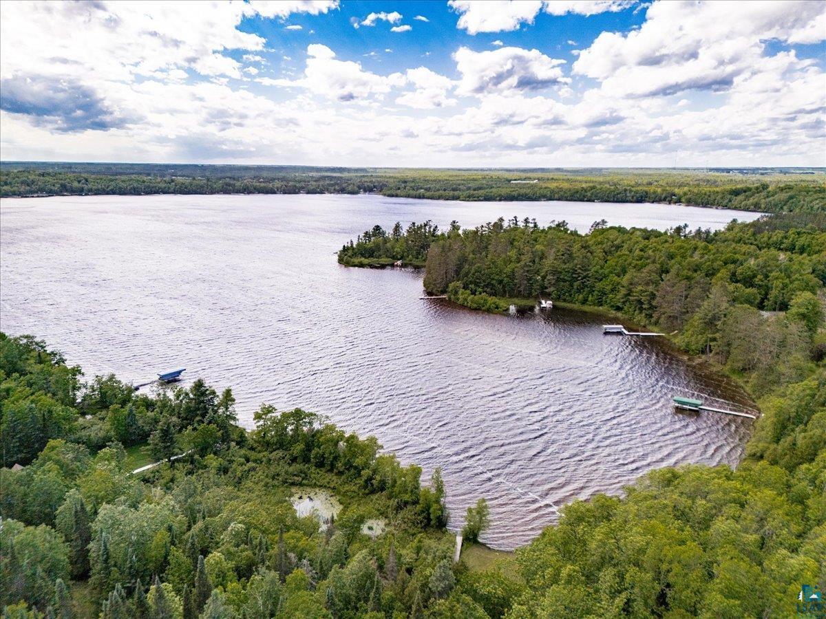 Image 1: Expansive lakefront setting surrounded by mature trees, Aerial View