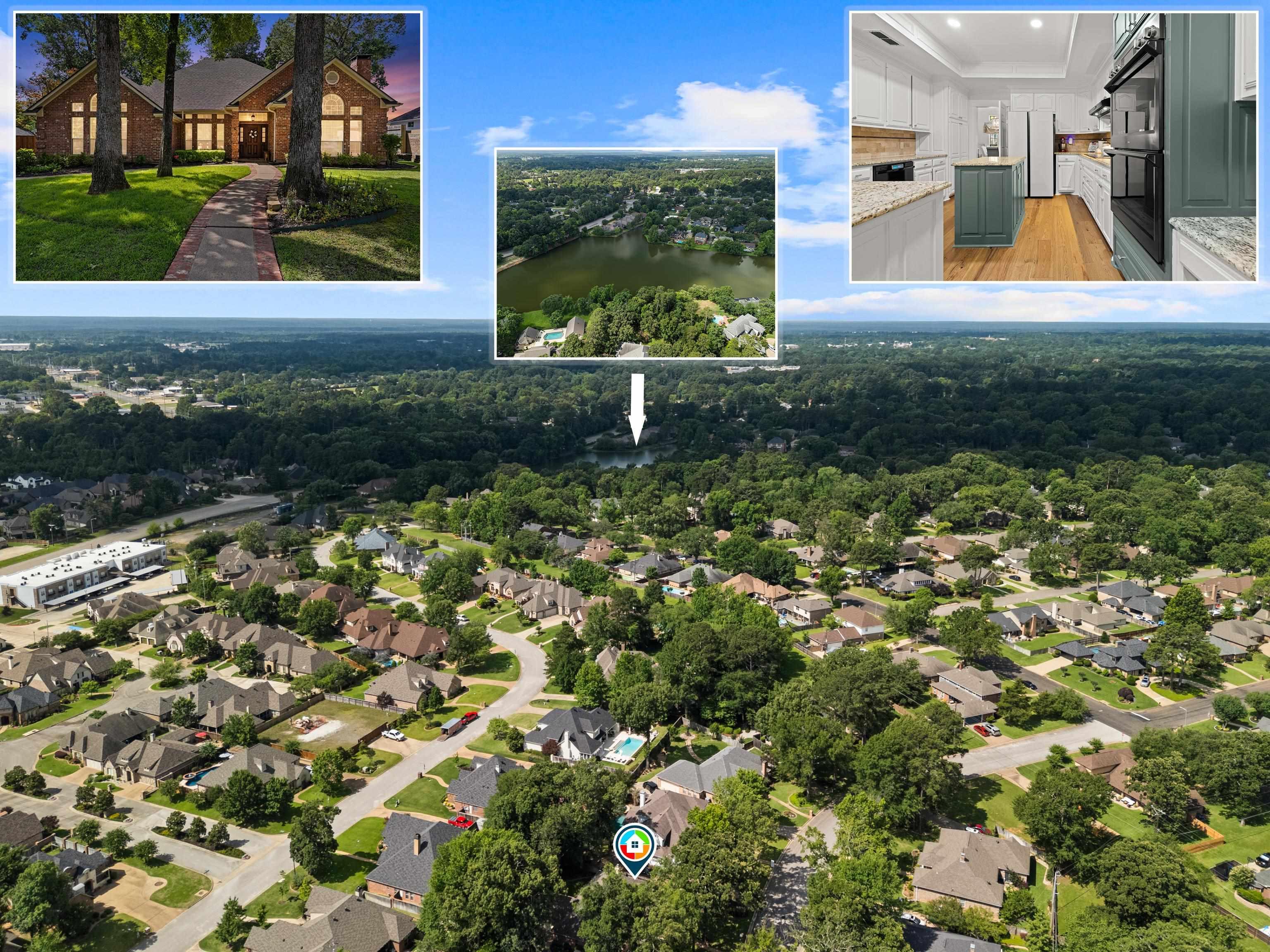 Image 1: Residential neighborhood with mature trees and established homes, Aerial View