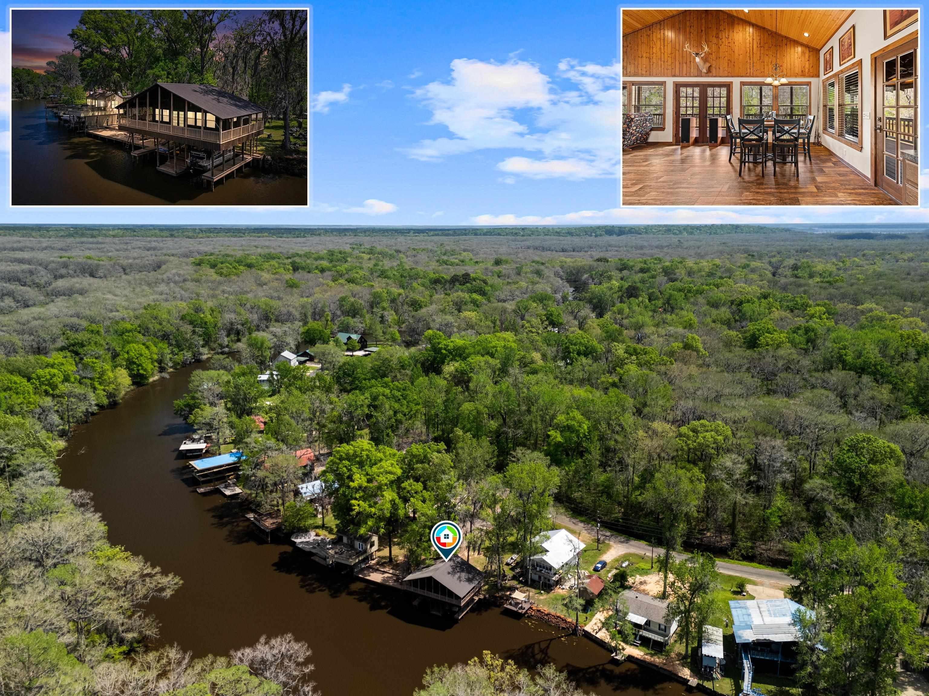 Image 1: Bird's eye view of a heavily wooded area and a large body of water, Aerial View