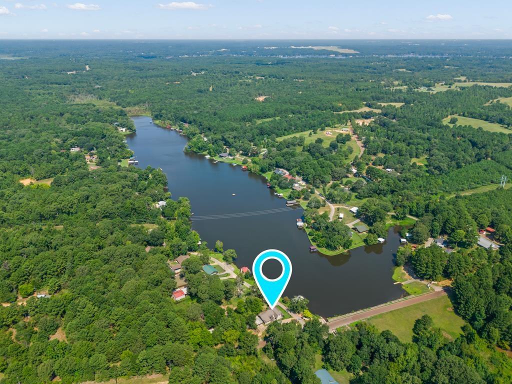Image 0: Aerial view of property's location featuring a heavily wooded area and a large body of water, Aerial View