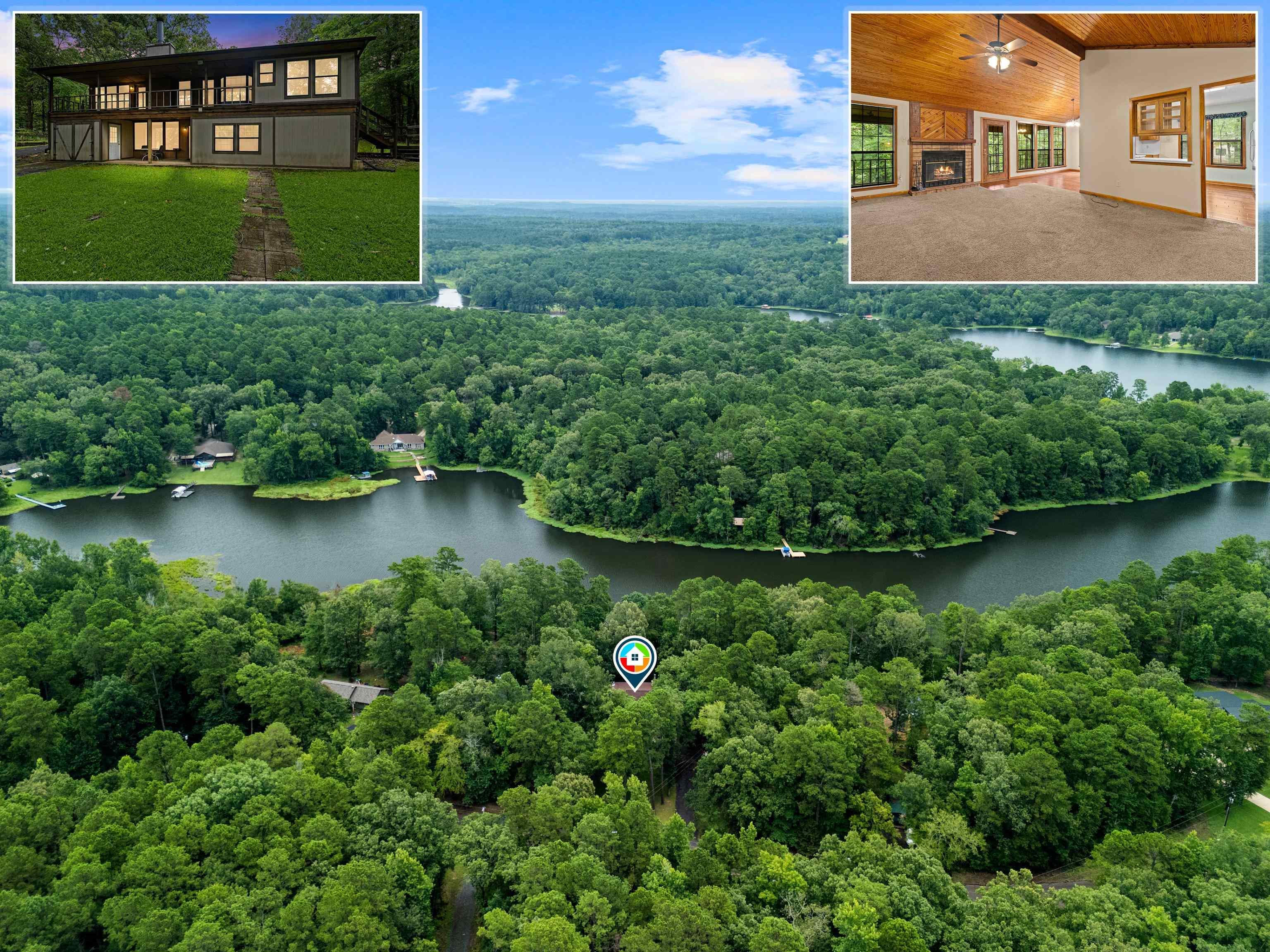 Image 1: Expansive aerial landscape highlighting a significant body of water bordered by dense, mature trees, Aerial View