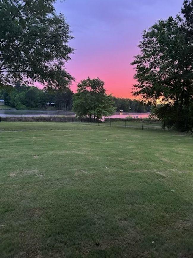 Image 1: Expansive green lawn with mature trees and a black metal fence, bordering a substantial body of water, Yard