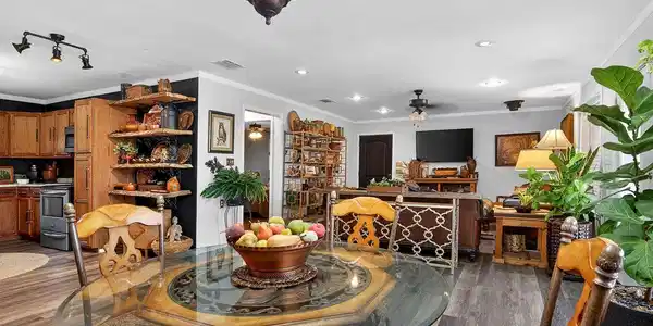 Image 3: Dining space featuring crown molding, ceiling fan, dark wood finished floors, and recessed lighting, Dining Area