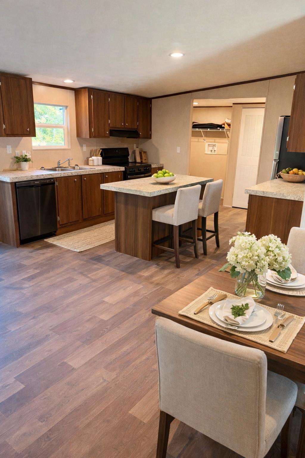 Image 2: Kitchen with black appliances, a center island, a breakfast bar area, dark wood-style flooring, and under cabinet range hood, Kitchen