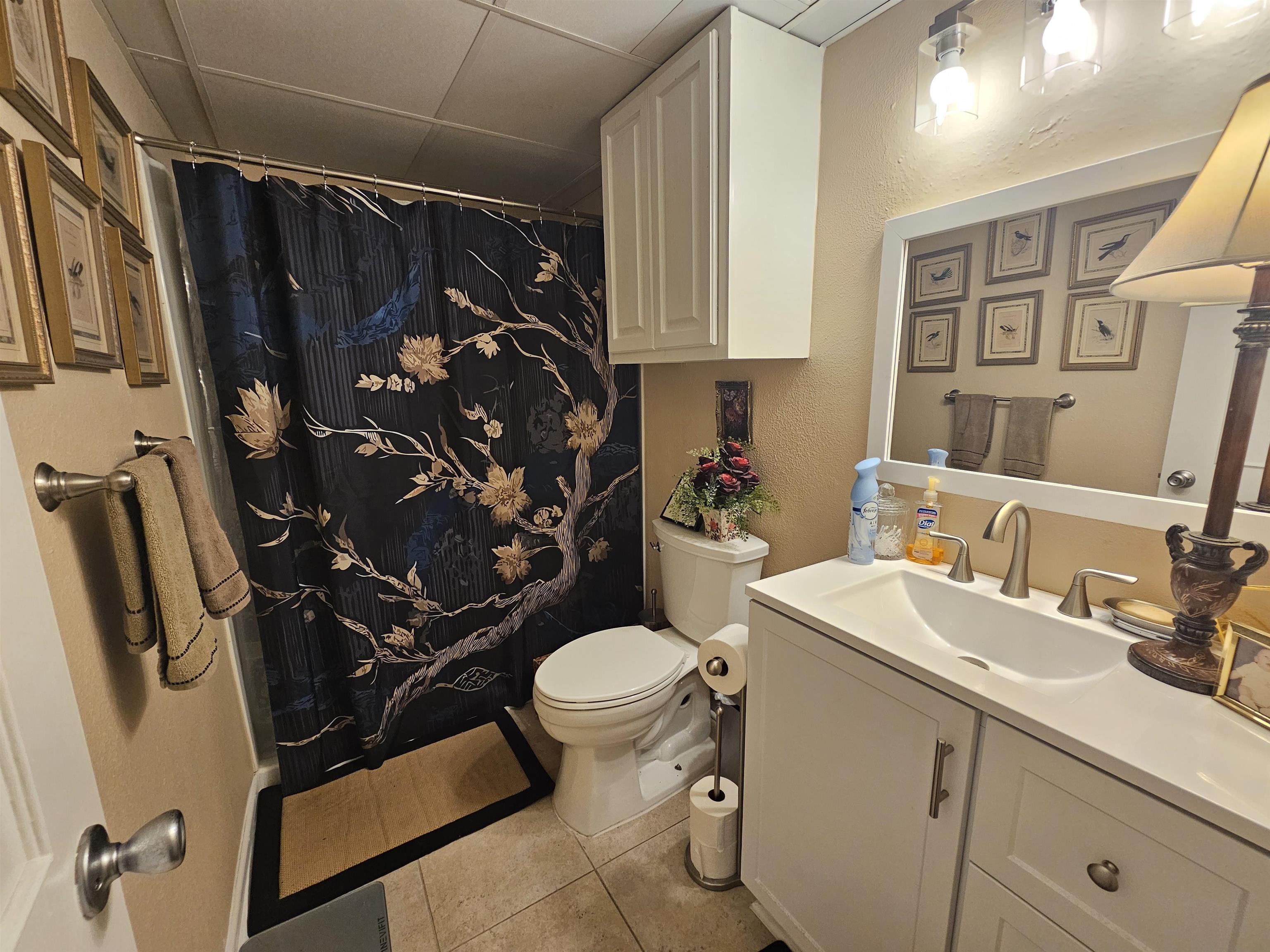 Image 3: Full bathroom with vanity, tile patterned flooring, a drop ceiling, and a shower with curtain, Bathroom