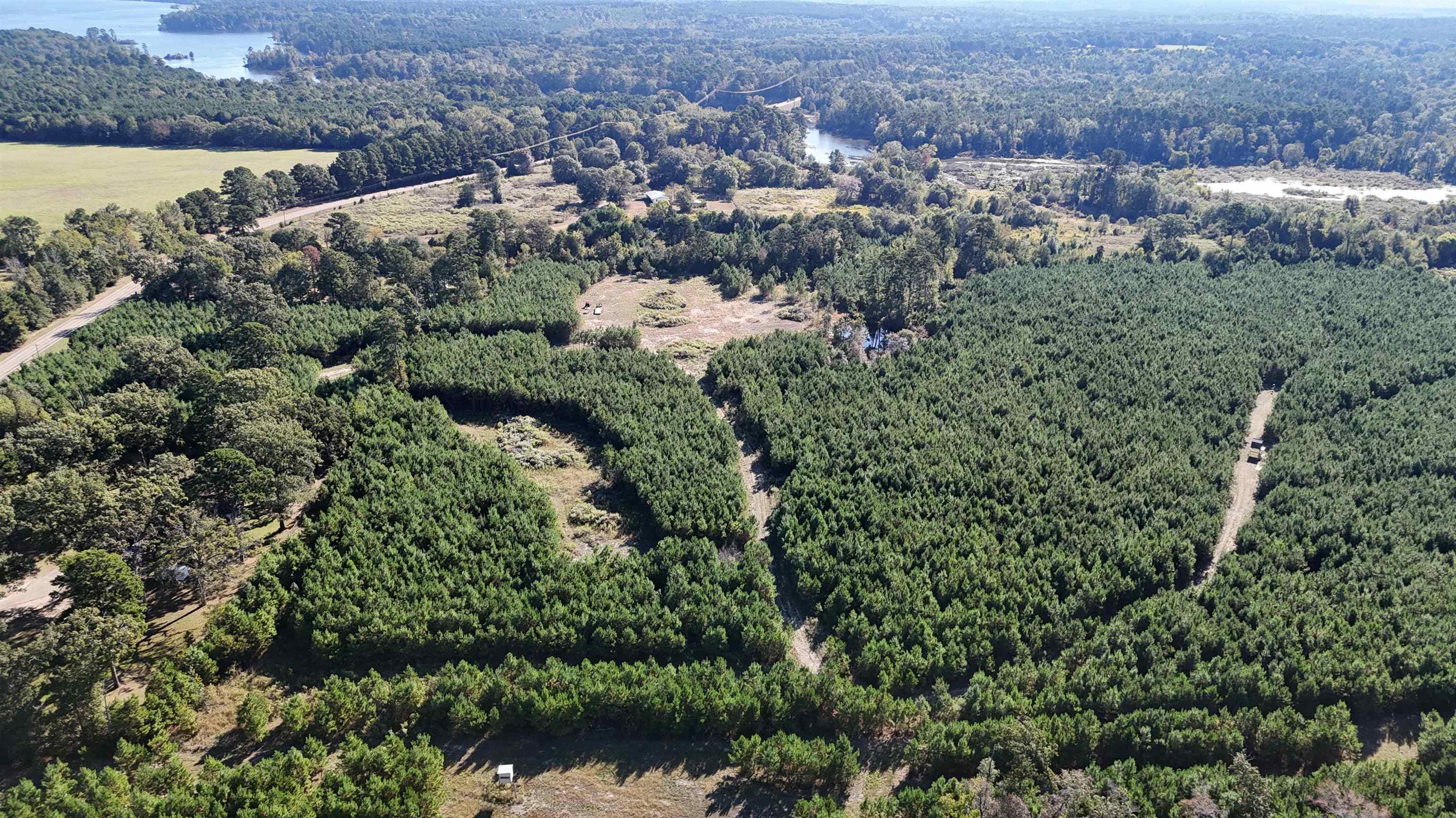 Image 0: Bird's eye view of a heavily wooded area and a nearby body of water, Aerial View