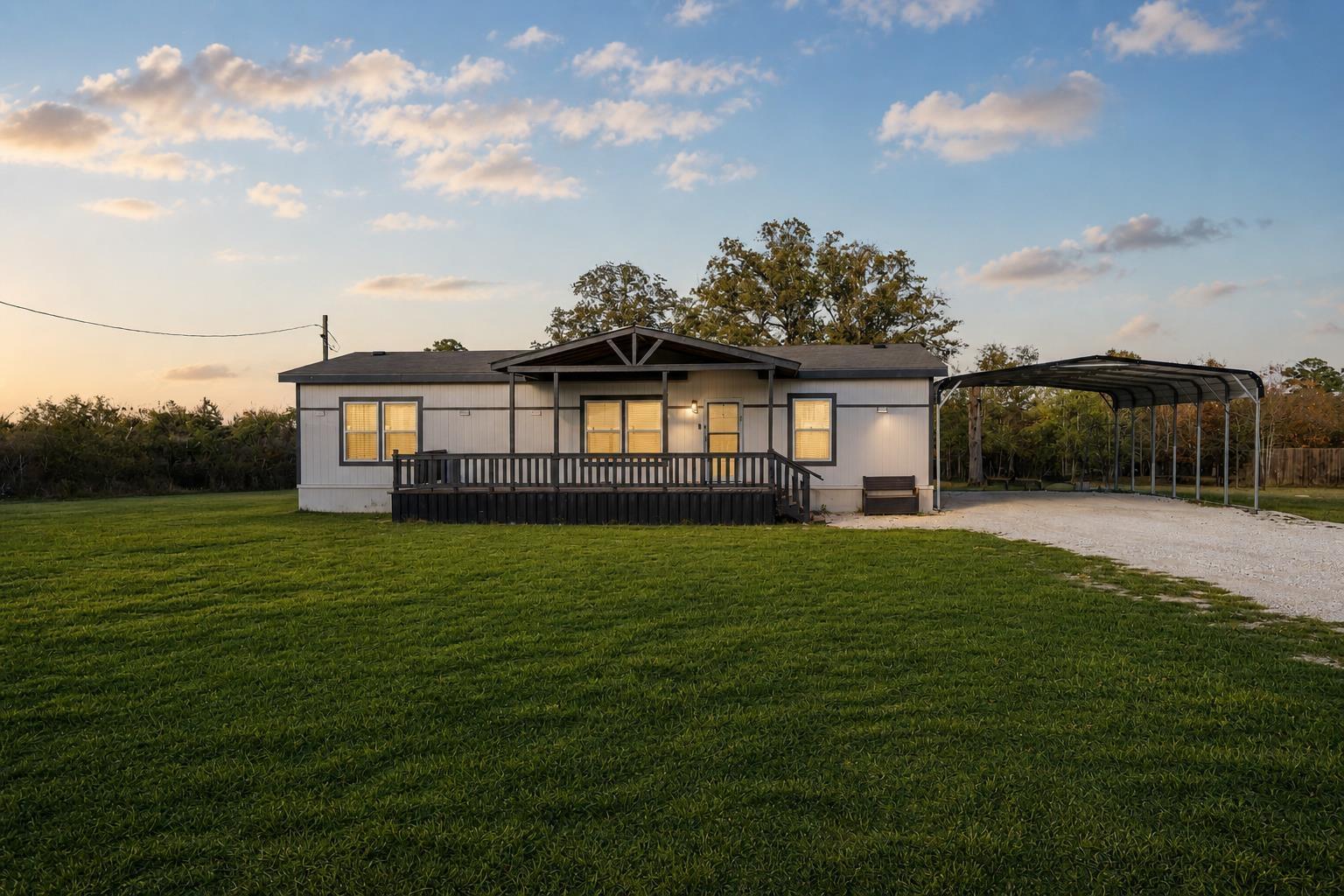 Image 0: Manufactured home featuring a covered front porch with dark railing, a gravel driveway, and a freestanding carport, Front Of Structure