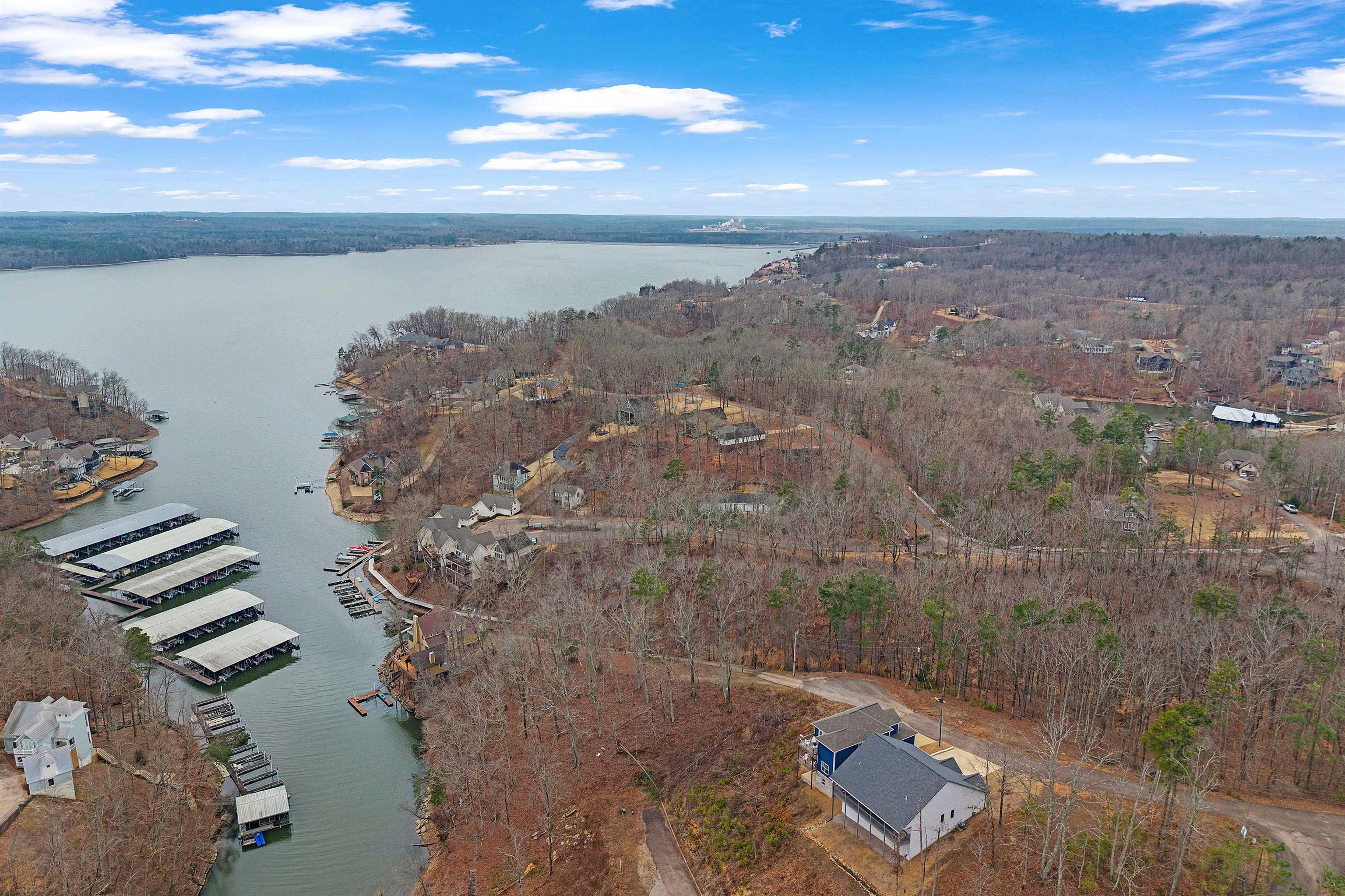 Image 4: Aerial view of property's location with a nearby body of water and a heavily wooded area
