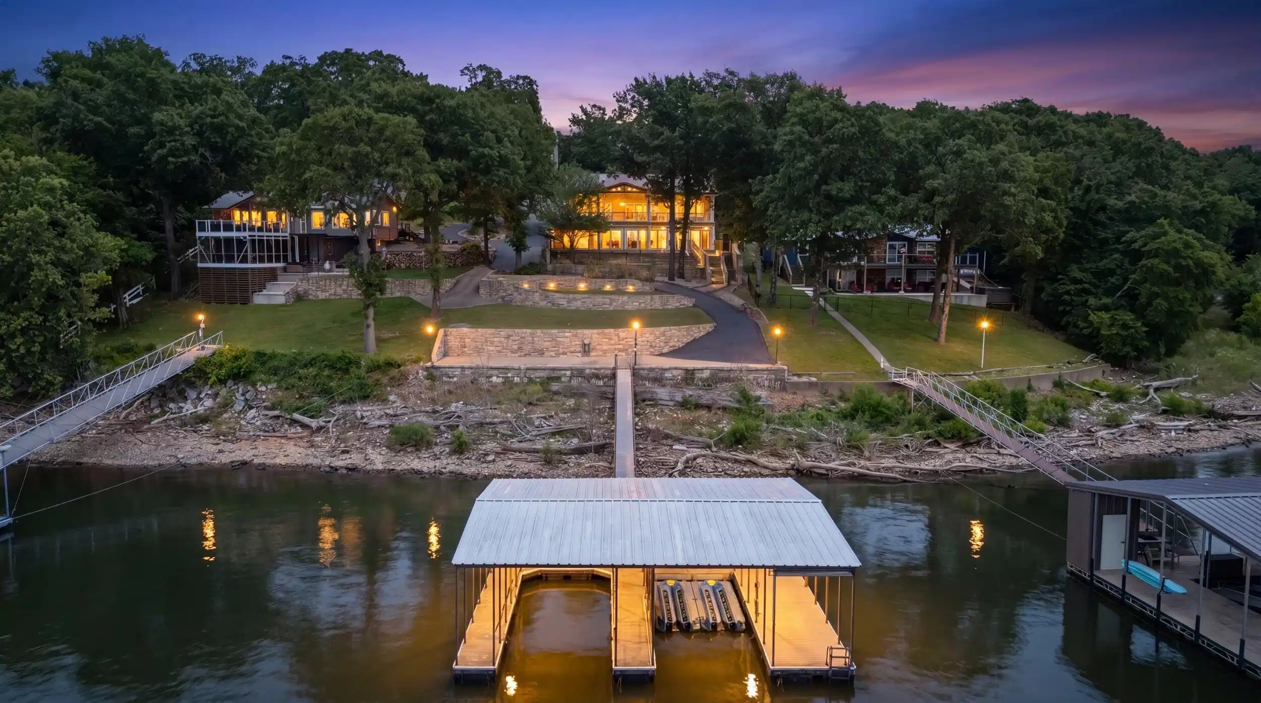Image 1: Drone view from Lake of home and dock