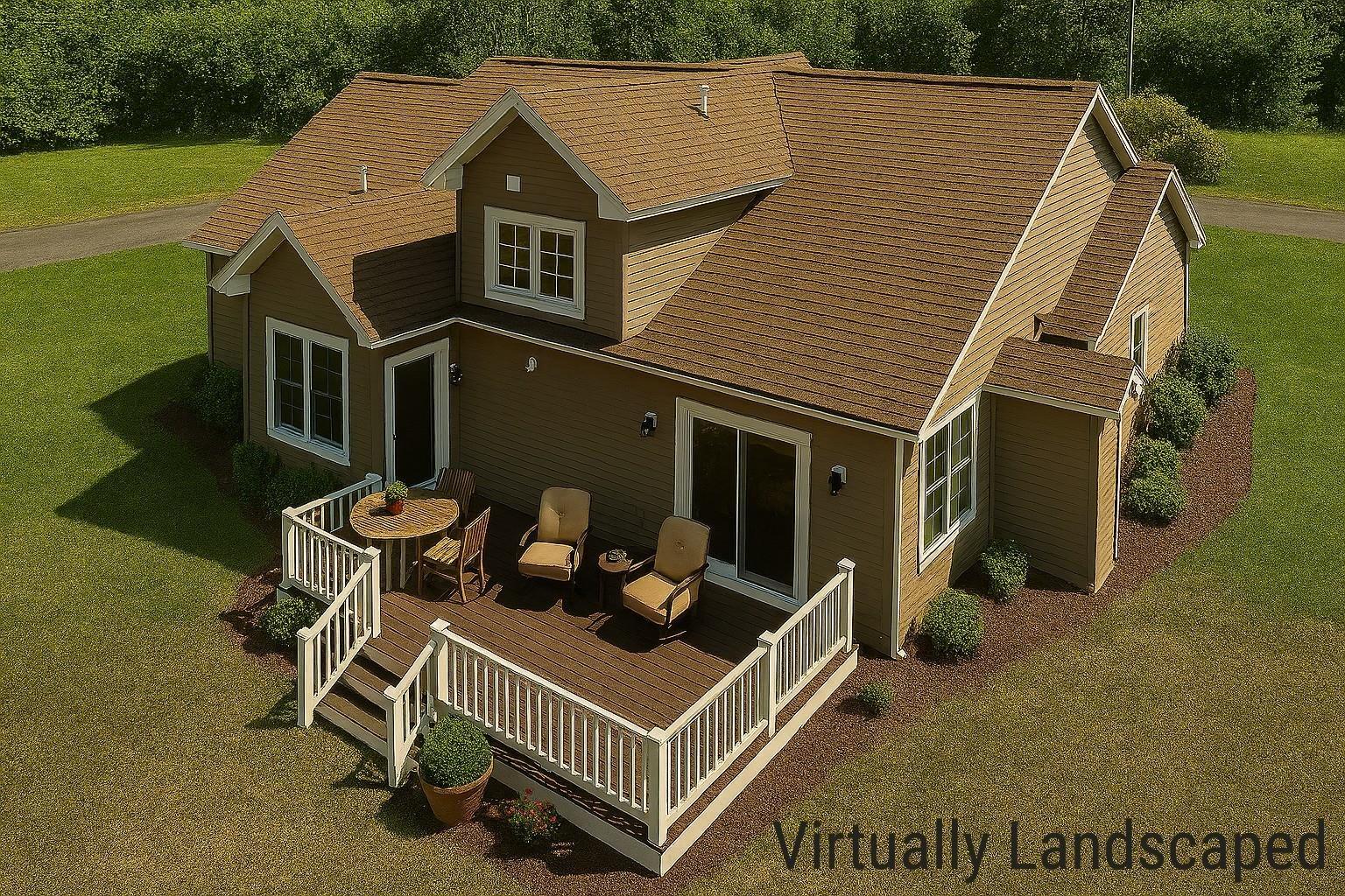 Image 2: Backyard and Deck - virtually staged and landscaped Image 2: Backyard and Deck - virtually staged and landscaped