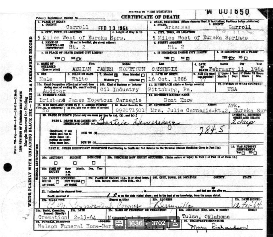 Image 2: 1964 Death certificate of AJH Carnegie, original o