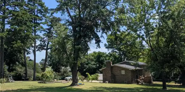 Image 4: Spacious green lawn with mature trees and a brick-