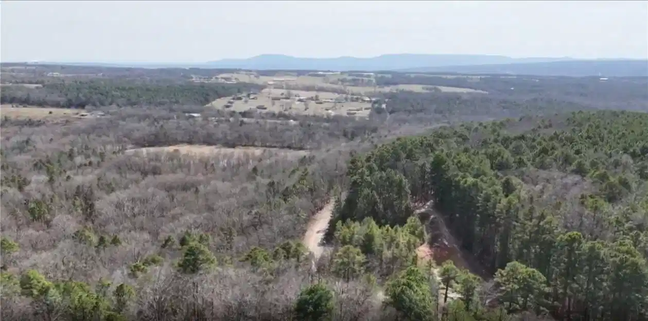 Image 1: Aerial view of a heavily wooded area and a mountai