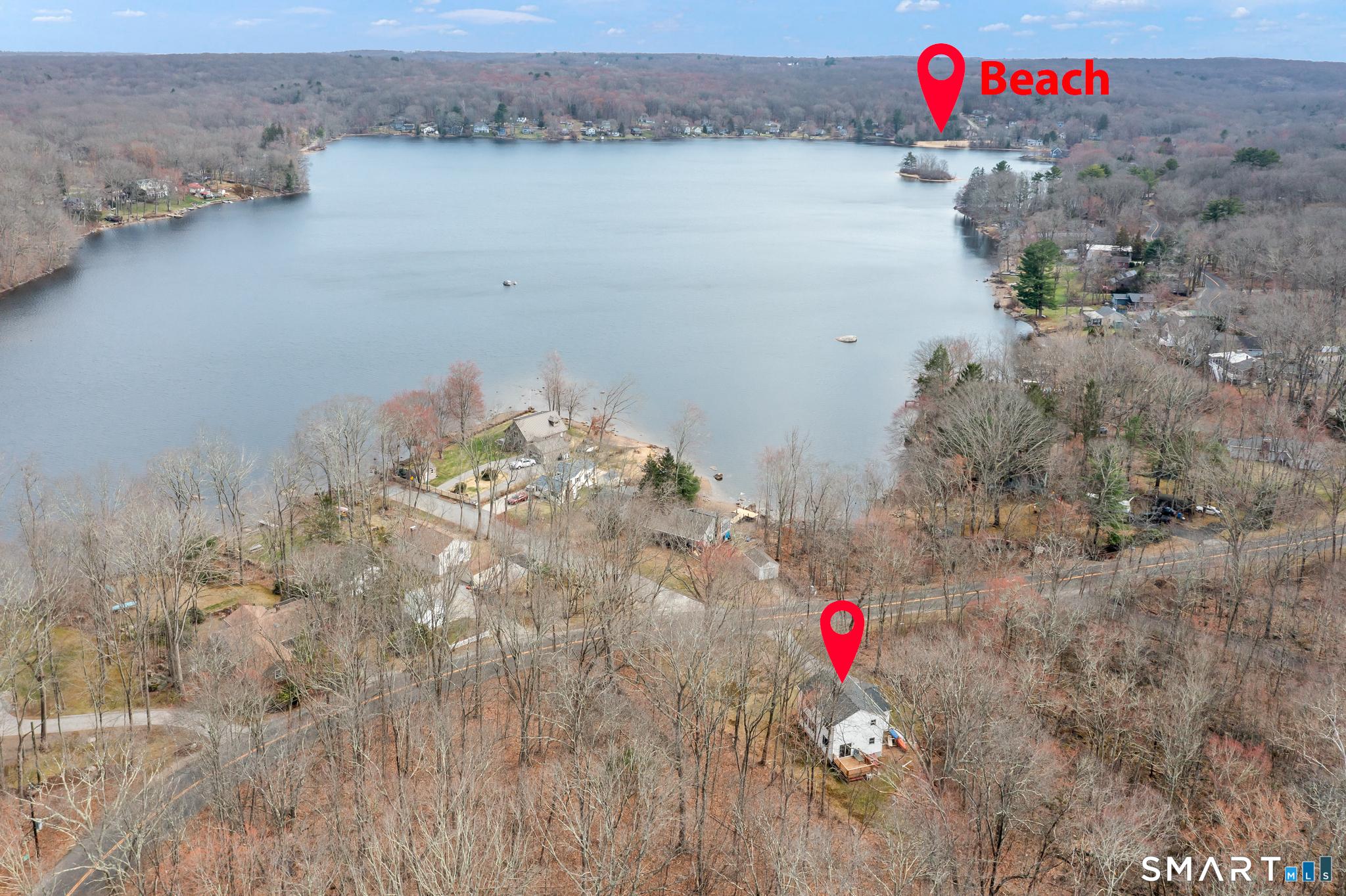 Image 3Aerial View: ALPOA Beach is across the lake from 146 Lakeside Dr. Right of way is across the street.  Map of Rights of Way can be found at https://www.andoverlakect.com/boating