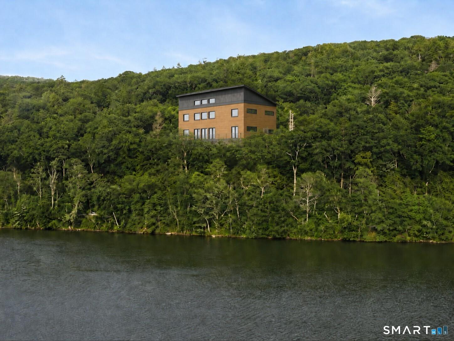 Image 1: Photorealistic rendering of the proposed modular home, integrated into the hillside maximizing the lake views