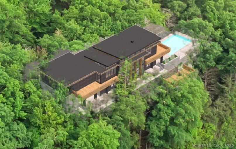 Image 2: Aerial view of the house rendered on 31 June Road, showing the lake view decks and 18' by 32' pool.