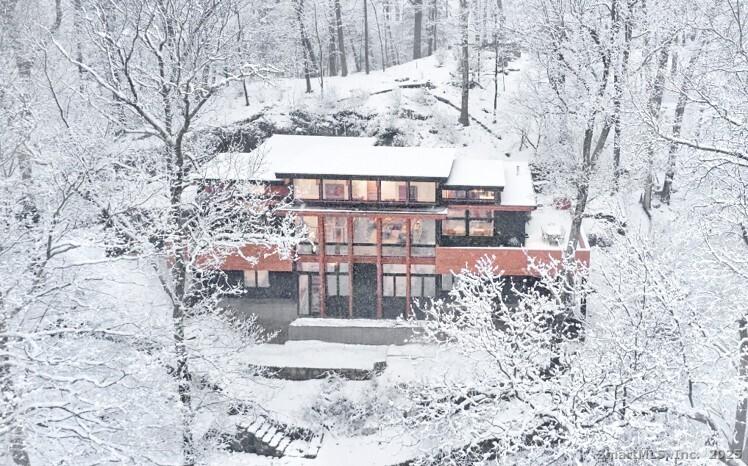 Image 4: Aerial photograph of the original Usonia Historical District house in the depths of winter.