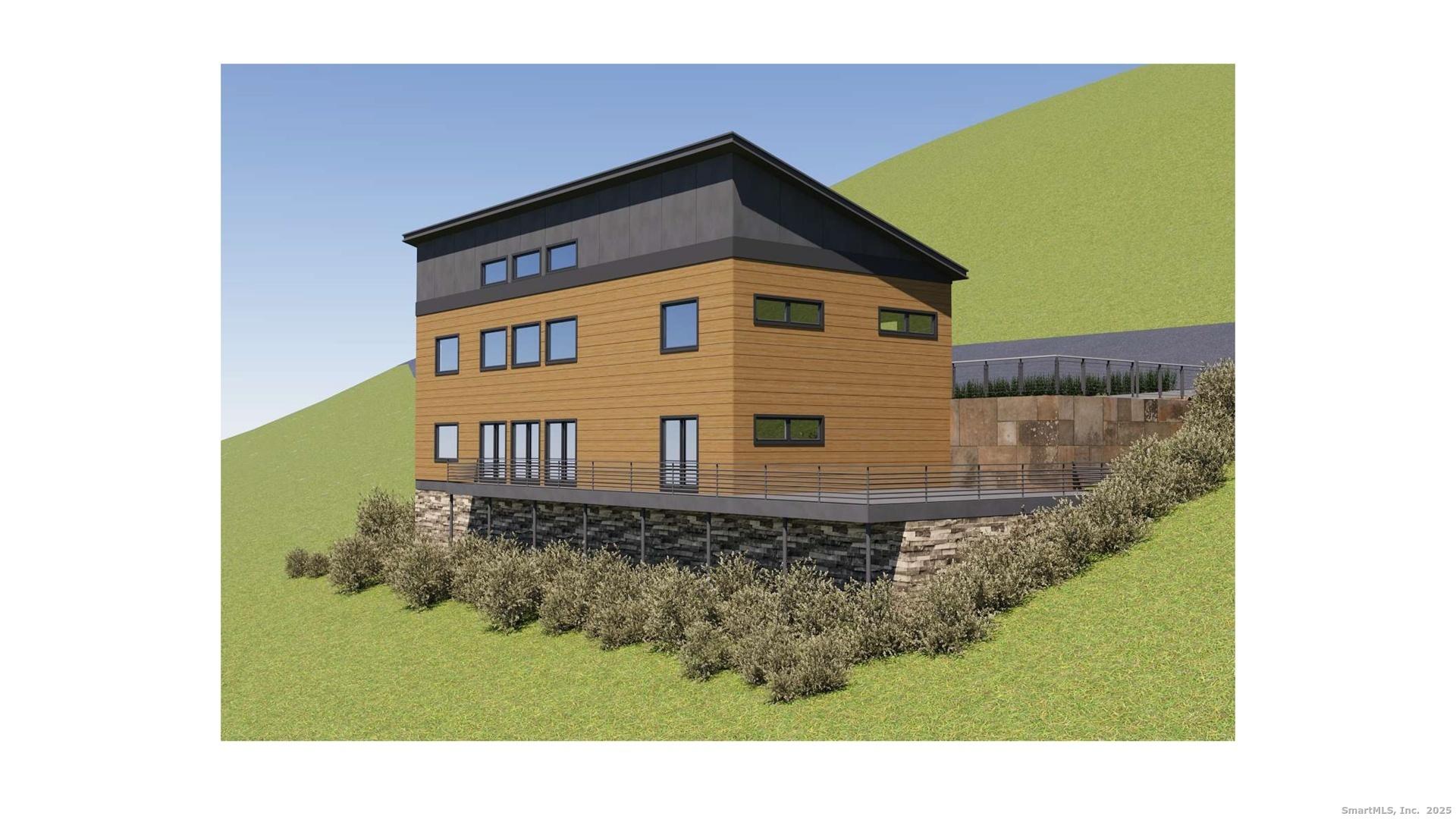 Image 1: Perspective rendering highlighting the lake-facing facade and multi-level deck.