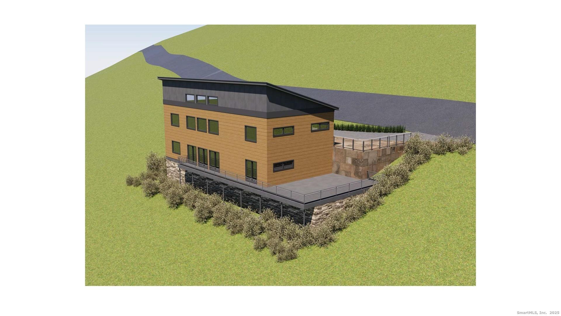 Image 2: Aerial view illustrating the home's siting on the hillside and outdoor terraces.