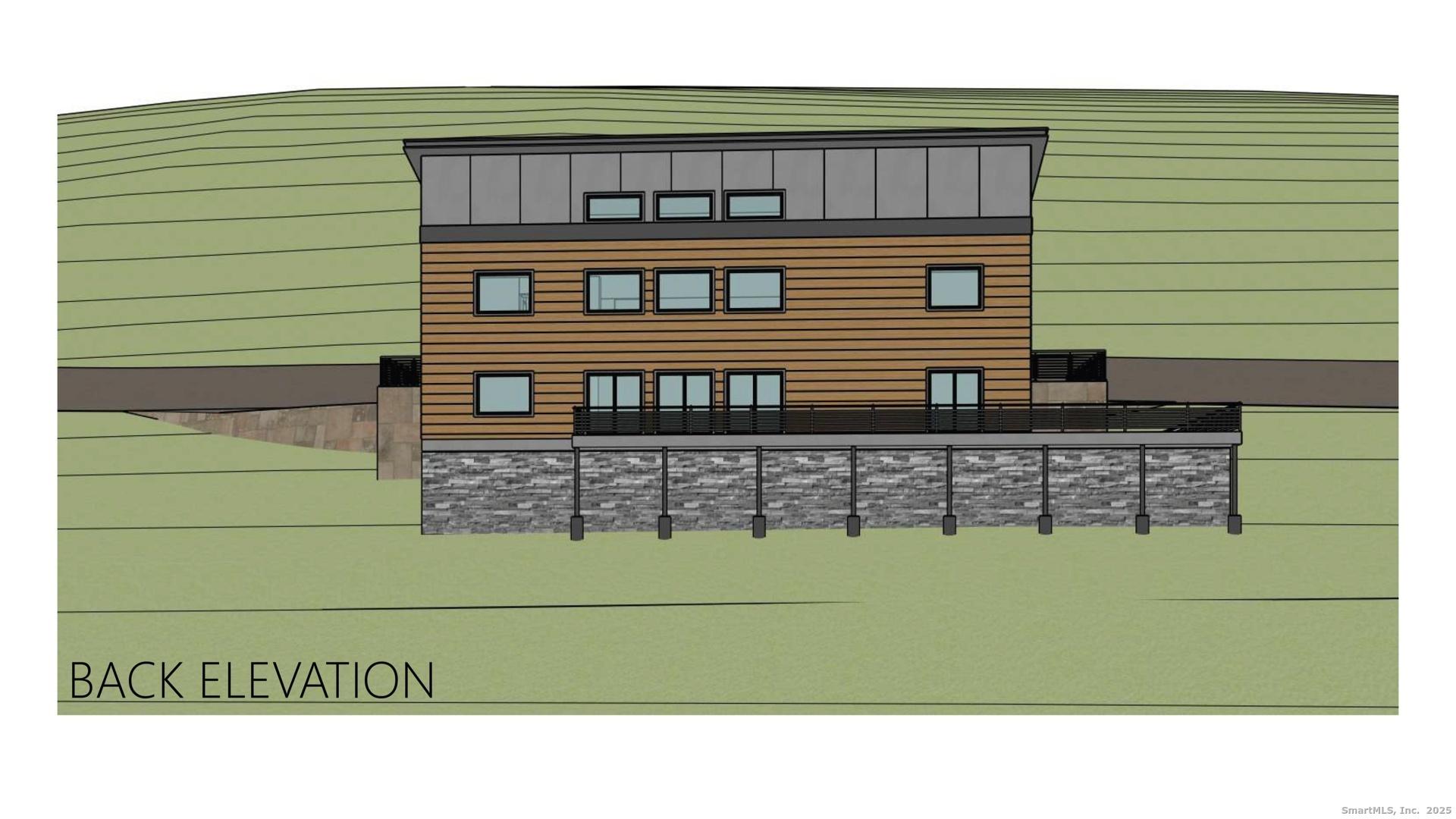 Image 3: Rear elevation rendering facing Lake Waramaug with expansive windows and deck.