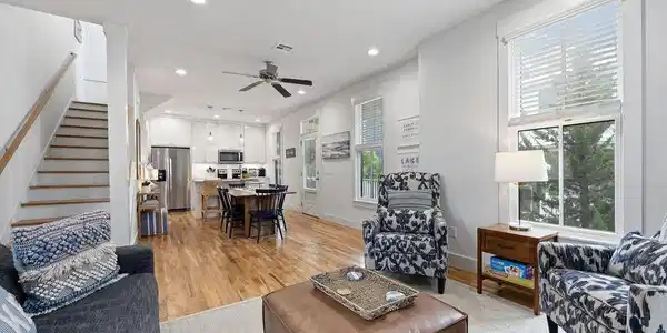 Image 4: Living room featuring stairs, recessed lighting, l