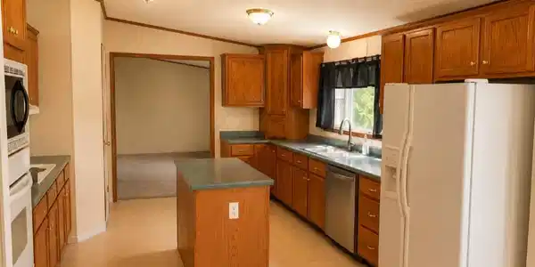 Image 3: Kitchen with wood cabinetry, a central island, lig